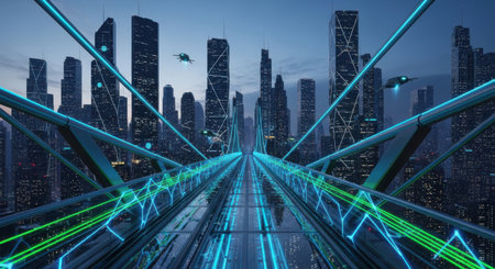 A stunning view of a modern metropolis at dusk, featuring towering skyscrapers and a glowing blue and green elevated pathway for high-speed transit, suggesting advanced technology.の素材