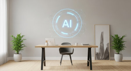 A minimalist workspace featuring a wooden desk, chair, laptop, and potted plants, illuminated by a futuristic blue AI interface projection on a light gray wall.の素材