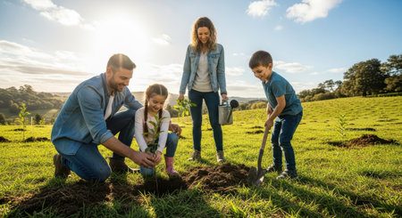 A happy family, father, mother, son, and daughter, are planting a sapling outdoors on a bright sunny day, symbolizing growth and environmental care.の素材