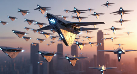 A massive formation of advanced, stealthy military drones or spacecraft maneuvers above towering skyscrapers during a dramatic golden hour sky, suggesting defense or invasion.の素材
