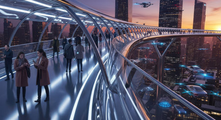 A vibrant scene of a modern city at sunset, featuring a curved, illuminated pedestrian bridge filled with diverse people interacting with technology and drones flying overhead.の素材