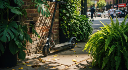 A dark electric kick scooter rests against a brick wall on a sunlit urban sidewalk, surrounded by lush green foliage, with blurred city traffic in the background.の素材