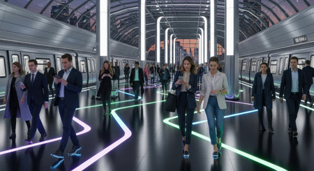 A diverse group of business people move along a sleek, modern subway platform illuminated by bright overhead lights and glowing floor paths. They appear to be checking phones.の素材