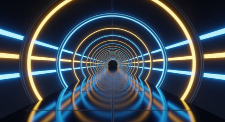 A mesmerizing 3D rendering of a long, dark tunnel receding into the distance, illuminated by concentric rings of vibrant blue and yellow neon light, creating a sense of depth and futuristic motion.の素材