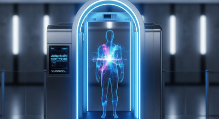 A person stands inside a high-tech medical scanner emitting bright blue neon light, visualizing internal data for advanced diagnostic analysis in a modern facility.の素材