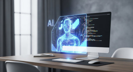 A glowing blue artificial intelligence interface featuring a human figure projection hovers over a sleek desktop computer in a modern, dimly lit office setting, symbolizing advanced digital progress aの素材