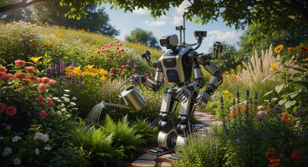 A sophisticated humanoid robot with multiple arms carefully waters colorful blooming flowers in a sunlit, overgrown garden path, symbolizing future automation.の素材