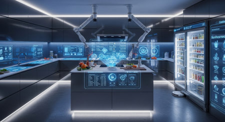 A sleek, high-tech kitchen showcasing advanced automation with glowing blue holographic displays, robotic arms, and integrated smart appliances for ultimate culinary efficiency and modern living.の素材