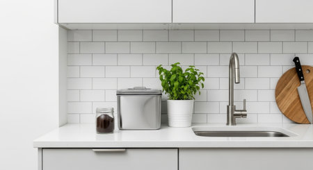 A clean, contemporary kitchen counter featuring a stainless steel sink, a potted green herb plant, a jar, a small compost bin, and a wooden cutting board with a knife.の素材