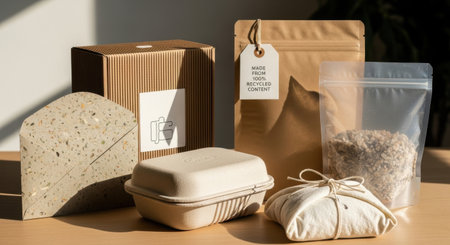 A collection of various sustainable packaging solutions, including cardboard box, paper bag, compostable container, and plastic-free wrap, showcasing eco-conscious design.の素材