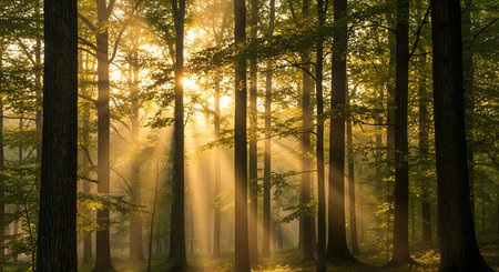 Golden hour sunlight streams dramatically through the canopy of a dense woodland, creating visible light beams that illuminate the misty, tranquil forest floor in the early morning.の素材