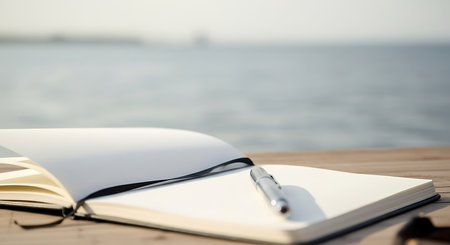 A close-up shot of an open blank notebook with a silver pen lying on its pages, set against a blurred background of calm ocean water during the day.の素材
