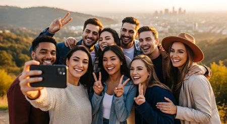 A cheerful, diverse group of young adult friends taking a memorable selfie together on a scenic hilltop overlooking a city skyline during golden hour.の素材