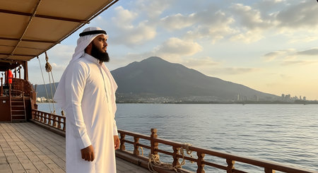 A bearded Arab man wearing a white thobe and ghutra stands on a wooden boat deck, gazing thoughtfully at a large mountain across the water at sunset.の素材
