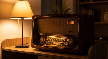 A classic wooden radio with illuminated dials sits on a table next to a softly glowing lamp.の素材