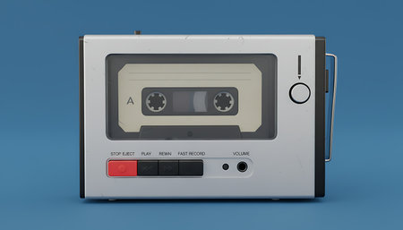 A close-up of a vintage portable cassette player, showcasing its internal tape and control buttons.の素材