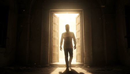 A solitary figure emerges from darkness, bathed in the radiant light of an open portal, suggesting a journey towards a brighter future.の素材