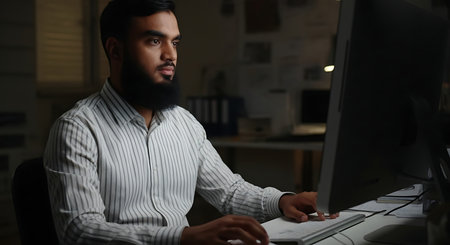 A focused bearded man with dark hair works diligently on his desktop computer in a dimly lit office environment, illuminated only by the monitor light.の素材