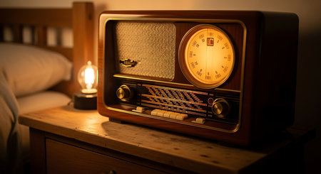 An antique wooden radio sits on a nightstand, illuminated by a nearby lamp, casting a warm glow.の素材