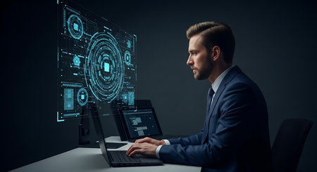 A businessman intently studies a glowing blue holographic interface displaying intricate data visualizations and system schematics.の素材