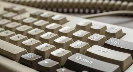 A detailed shot of a vintage beige keyboard, showcasing its classic keycaps and a coiled cable.の素材