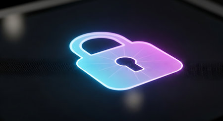 A vibrant neon padlock icon glows with a gradient of pink and blue on a dark, textured surface, symbolizing security and digital protection.の素材