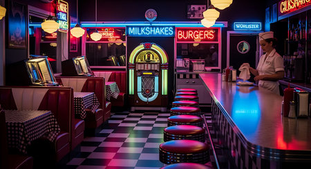 A vibrant, neon-lit interior of a classic American diner featuring a jukebox, checkered floor, and red booths, creating a nostalgic 1950s vibe.の素材