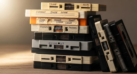 A tall stack of vintage 8 track tapes, some beige and some black, with a few dark tapes leaning against them.の素材