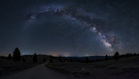 A breathtaking view of the Milky Way galaxy stretching across a dark night sky above a silhouetted landscape with trees.の素材