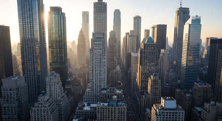 A vast cityscape filled with tall buildings, bathed in the warm glow of the sun.の素材