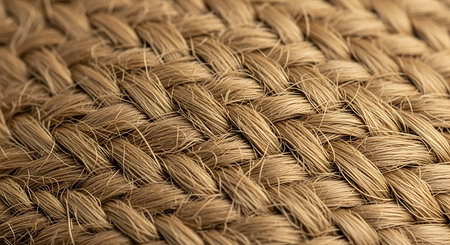 A detailed macro photograph showcases the intricate weave of a coarse, natural fiber fabric, highlighting its rustic texture.の素材