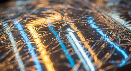 Abstract streaks of blue and orange light blur together, creating a dynamic and energetic visual pattern with a sense of motion.の素材