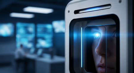A close-up of a modern biometric scanner with a person's eye being scanned, implying advanced security and data collection.の素材