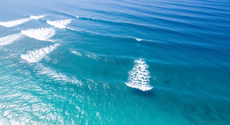 An aerial view captures a white sailboat with full sails navigating through vibrant turquoise ocean waters, leaving a foamy wake.の素材