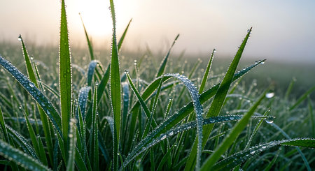 Close-up view of grass covered in dew with soft morning light and fog in the background.の素材