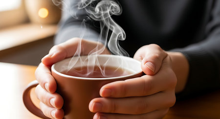 Close-up of hands holding a warm mug with steam rising, suggesting comfort and a hot drink.の素材