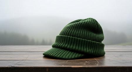 A textured, forest green knit beanie with a small brim sits on a weathered wooden table. The background is a soft, misty outdoor scene.の素材