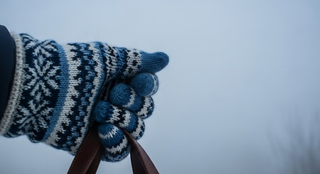 A hand wearing a patterned winter glove grips ski poles, ready for a snowy adventure.の素材