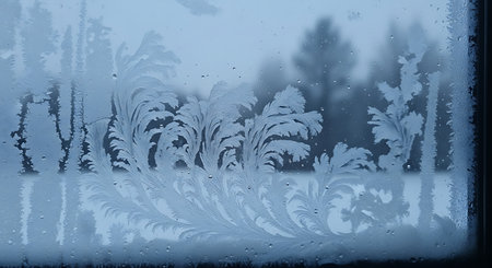 Delicate frost crystals form a detailed winter forest landscape on glass, complete with reflections, evoking a serene, cold atmosphere.の素材
