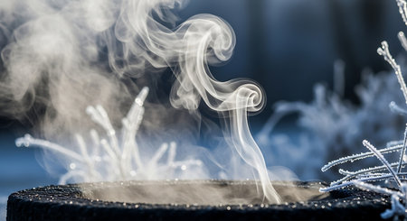 Ethereal white smoke rises from a dark, textured surface, forming swirling patterns and wispy tendrils against a blurred background.の素材