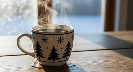 A cozy mug of hot coffee with steam rising, placed on a wooden surface, suggesting a warm and inviting atmosphere.の素材