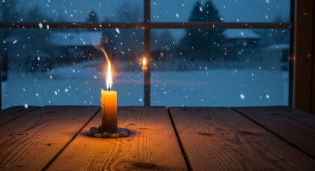 A single lit candle casts a warm glow on a wooden table as snow falls outside a window.の素材