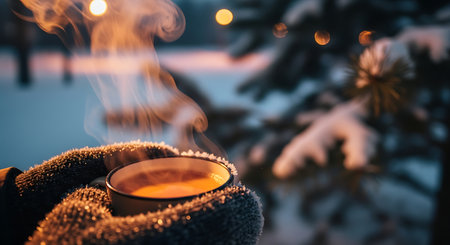 A steaming cup of a warm drink is held in a gloved hand, with a snowy, blurred background of trees and lights.の素材