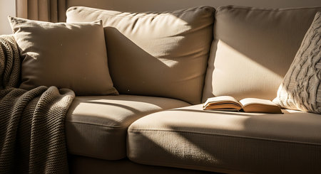 A warm, inviting neutral-toned sofa bathed in soft sunlight, featuring plush pillows and a textured throw blanket.の素材