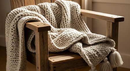 A chunky knit blanket with an open weave texture is casually draped over the arm of a weathered wooden chair.の素材