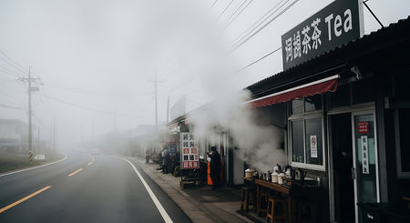 A street scene shrouded in mist, with a tea shop releasing steam, creating a serene and atmospheric morning ambiance.の素材