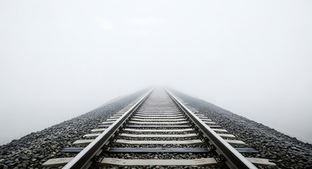 A perspective view of a train track vanishing into dense fog, evoking a feeling of the unknown.の素材