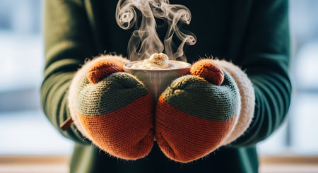 Close-up of hands in colorful mittens holding a warm cup of a steaming beverage, evoking comfort and winter.の素材