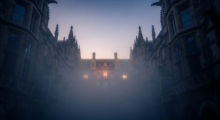 A grand, imposing castle entrance shrouded in mist, illuminated by a soft, warm light at dusk.の素材