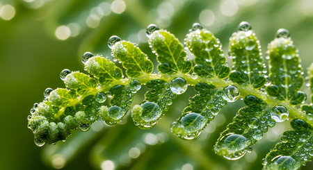 Macro photograph of a delicate green fern frond adorned with numerous clear water droplets, showcasing intricate natural textures and morning dew.の素材